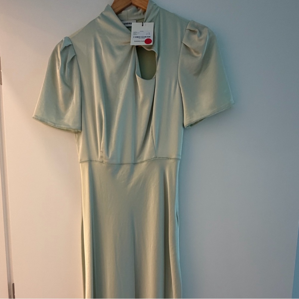 Sandro Mint Satin Midi Dress with Keyhole